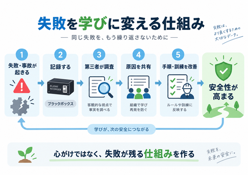 航空業界は、失敗を記録・調査・共有し、手順の改善につなげることで安全性を高めてきました。
